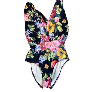 Allihop Floral Print‎ Plunge One Piece Swimsuit Medium Black Pink Yellow